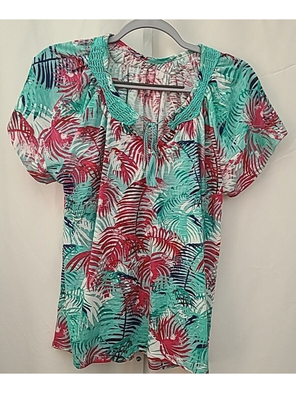 Palm Grove Women's Top Size L Pullover Crochet Neck Tassel & Tie NWOT